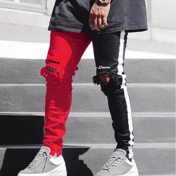 Jeans masculin mens noirs rouges rouges couture denim blafaunn ripped hip hop vintage skinny man pantalones hombre