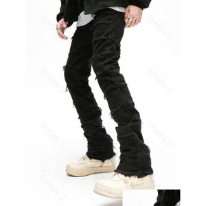 Heren jeans heren zwart magere denim zware vernietiging scheurde motorrijder European American streetwear hiphop baggy broek voor mannen 230306 dr dhe4b
