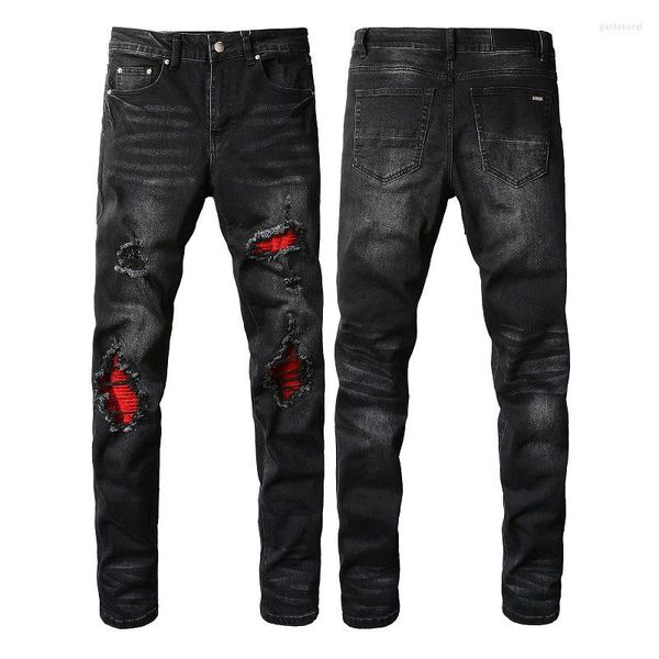 Pantalones vaqueros para hombre, ropa informal rasgada negra ajustada, Hip Hop, parche rojo, pantalones elásticos deshilachados con agujeros para hombre