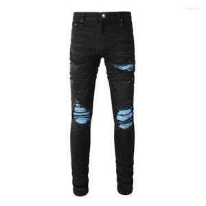 Heren jeans heren zwarte streetwear verontrust mager hoge stretch stropdas kleurstof blauwe bandana patchwork vernietigde slanke pasvorm