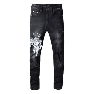 Pantalones vaqueros para hombre Ropa de calle negra para hombre Moda Slim Fit Ahueca hacia fuera Agujeros dañados Pantalones Letras de impresión Patrón de ángel Impreso Skinny Stretch Jeans