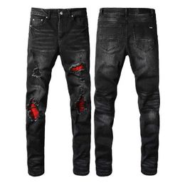 Jeans pour hommes Hommes noir ultra-mince cardigan jeans vêtements de rue hip-hop patchs rouges déchiré trou élastique jeans hommes pantalons J240328