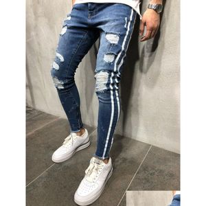 Jeans pour hommes Mens Blue Denim Ripped Slim Fit côté rayé mâle pantalon crayon maigre pantalon décontracté avec fermetures à glissière livraison directe vêtements Dhuns