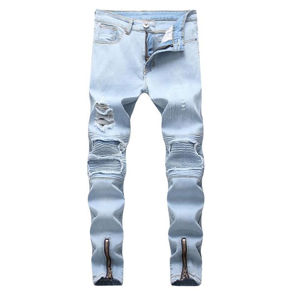 Jeans para hombres para hombre azul rasgado pantalones de motocicleta angustiados pliegues agujero cremallera diseño elástico lavado retro calle alta moda de240h