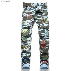 Jeans masculin mens camouflage jean imprimé jean multi-poche pantalon de cargaison ultra-mince sangle droite non élastique denim trantrsl2403