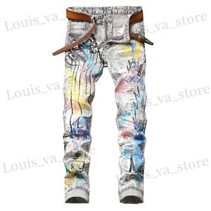 Jeans masculin pour hommes colorés jeans imprimés peints mode y2k pantalon de jean étiré déchiré