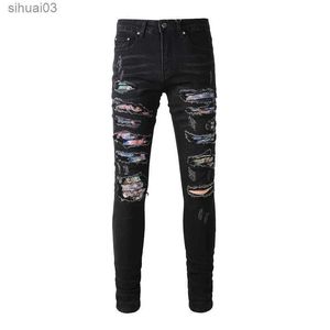Jeans masculin mens crack patch bicycle jeans élastique denim pantalon effilé serré de rue vachette de rue