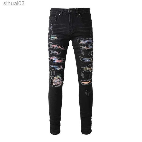Jeans para hombres Patch de crack de crack jeans elásticos mezcladores elásticos pantalones tortados ropa de calle parche de parche negros de pantalones de negros2403