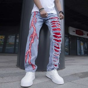 Heren jeans heren gekraakt elastische bliksem jeans modieuze straatkledinggaten scheuren en patchwork denim broek ultradunne heren strakke jeansl2404