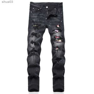Heren jeans heren kristal zwarte denim jeans multi-colour patches werk patches elastische broek kogelgaten ultradunne taps toelopende broeksl2403