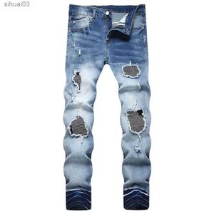 Jeans masculins pour hommes en cristal élastique jeans jeans de rue Vêtements trous de lacune patchs de travail pantalon bleu