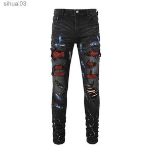 Jeans masculins pour hommes en cristal élastique denim serré jeans trous peints pantalon effilé Torn