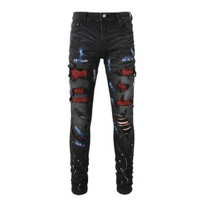 Jeans masculins pour hommes en cristal élastique denim serré jeans trous peints pantalon effilé déchiré de rue des vêtements de rue pantalon noir J240527
