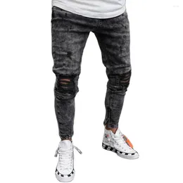 Jeans masculins pour hommes de la demin 2024 trou d'été de la mode Patchwork pochets à fermeture éclair et pantalon masculin maigre pantalon