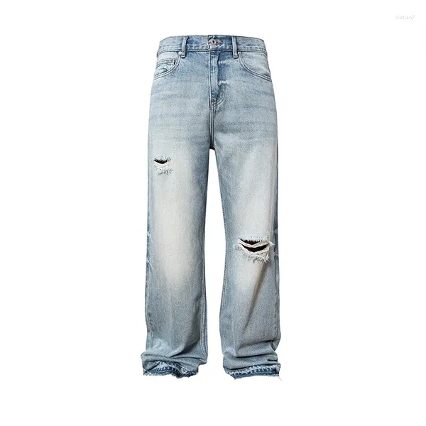 Jeans para hombres Pantalones de mezclilla para hombre Otoño e invierno Barba gruesa gradiente drapeado suelto pierna recta rasgada moda de alta calidad