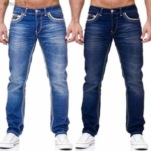 Jeans masculin mens denim solide poche élastique pantalon droit printemps / été entreprise décontractée pour hommes