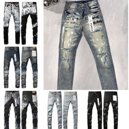 Heren jeans heren designer jeans paarse jeans wandelpoker gescheurd hiphop high street merk motorfiets borduurwerk dicht bij elkaar passende slanke potloodbroek
