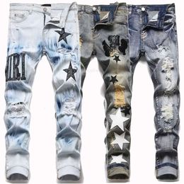 Jeans pour hommes Mens Designer Pantalon Ripped Hip Hop High Street Marque Pantalones Para Hombre Moto Broderie Ajustement Slim Crayon Pantalon