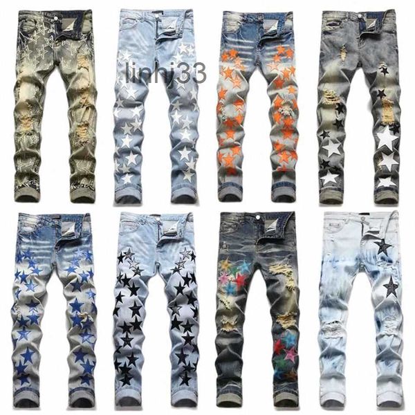 Jeans para hombres Diseñador para hombre Jeans ajustados Moda de verano Pantalones de chándal elásticos Pantalones de lujo Patrón de estrellas casuales de gran tamaño Ripped Amirs StreetwearUEM9