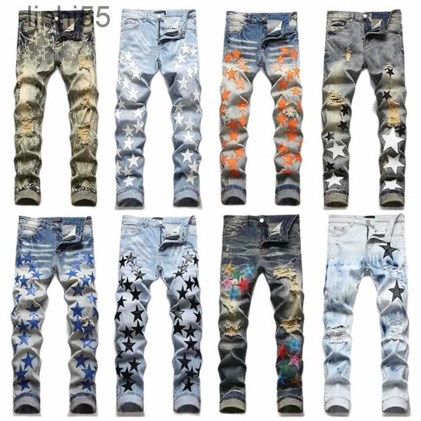 Jeans pour hommes Hommes Designer Skinny Jeans Mode d'été Pantalon de survêtement extensible Pantalon de luxe Casual Stars Motif surdimensionné déchiré Amirs StreetwearCIFF