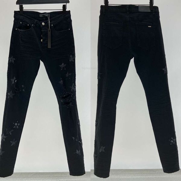 Jeans para hombres Diseñador para hombre estrella Ripped Jean Man Slim Zipper Pantalones para hombre Pantalón elástico Flor de anacardo Hip Hop Pantalones de mezclilla pantalones cargo negros