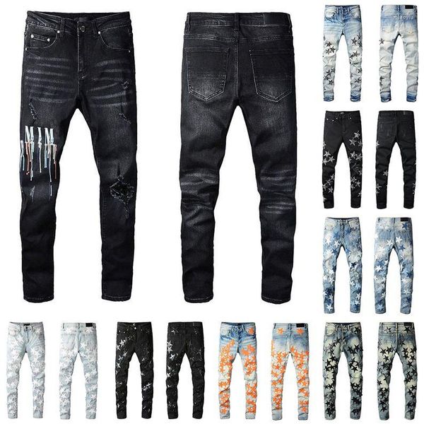 Jeans morados para hombres Diseñadores para hombres angustiados Biker Risk Slim Slim Denim para hombres Amirir Impresión Moda de moda para mujeres Pantalones flacos