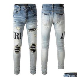 Men'S Jeans Mens Overleden Motorcycle Biker Jean Rock Skinny Slim Ripped Hole Letter Topkwaliteit Merk Hip Hop Denim Broek Drop Delivery App Dhxc9