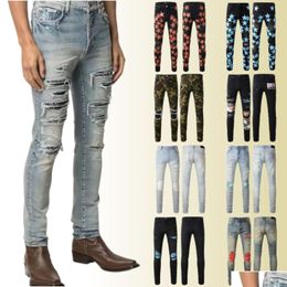 Jeans para hombres Hombres Muertos Rasgados Flaco Moda Motocicleta Moto Largo Algodón Pies delgados High Street Denim Light Blue Paste Cloth Hole Dhjph