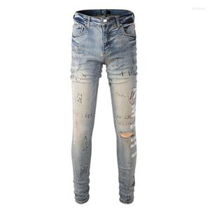 Jeans pour hommes Mens Distressed Light Blue Streetwear Fashion Style Slim Fit Denim Pants Painted Skinny Stretch Letters Graffiti Destroyed