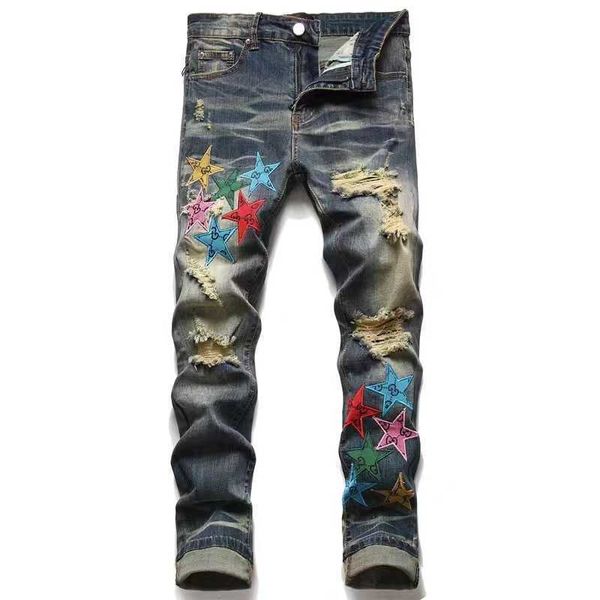 Jeans pour hommes Hommes en détresse Moto Serpent Broderie Rock Skinny Slim Ripped Hole Stripe Fashion Vintage Spliced Patch Fit Petits pieds Élastique Long Splash-Ink