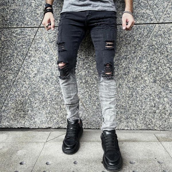 Jeans pour hommes Hommes en détresse Stretch Cool Black Fashion Skinny Ripped Slim Fit Hip Hop Pantalons Trous Hommes Zip Party Casual