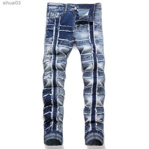 Jeans masculin pour hommes Edge Elastic Denim Jeans Vêtements de rue Patchwork Torn Blue Pantal