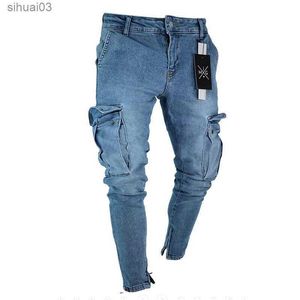 Jeans masculins pour hommes élastiques jeans de déchirure serrée masculine lavage de poche latérale pantalon denim ultra fin