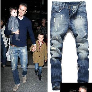 Jeans pour hommes Hommes Élasticité Lavé Bleu Déchiré Pantalon à jambe droite plissé Vintage Fashion Wear Drop Delivery Vêtements Vêtements Dhyhe