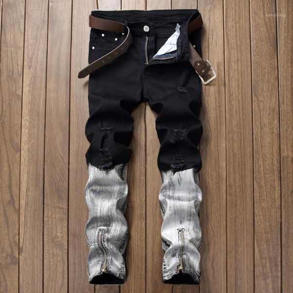 Jeans pour hommes Mode Hip Hop Slim Denim Joggers Street Style Zipper Design Pants - Taille 30 (Noir)