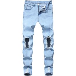 Jeans pour hommes Hommes Mode Light Blue Hole Denim Pantalon Ripped Distressed Slim Crayon Moto Top Qualité