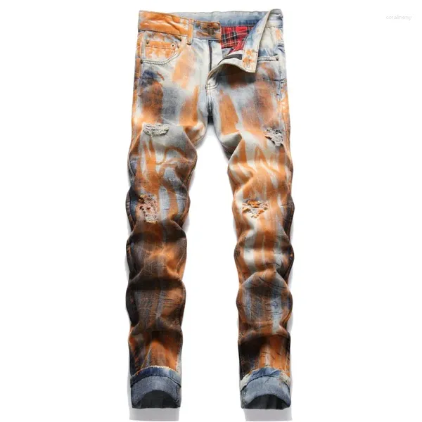 Jeans pour hommes Hommes Mode Orange Peinture Imprimé Slim Ripped Printemps Automne Pantalon de nettoyage Denim High Street Hip Hop Crayon Pantalon