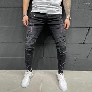 Hommes Jeans Hommes Mode Peinture Impression Déchiré Maigre Patchwork Slim Fit Biker Crayon Pantalon Hip Hop Mâle Casual Denim Trous