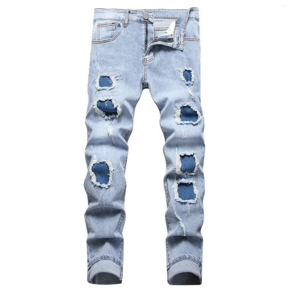 Jeans para hombres Moda para hombre Casual Perforado Corte recto Elástico Little House Big