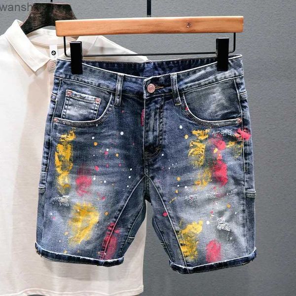 Jeans pour hommes Short en denim à la mode pour hommes nouvel été jeans déchirés bleus pour hommes de haute qualité technologie d'éclaboussure de peinture short en jeanL2404