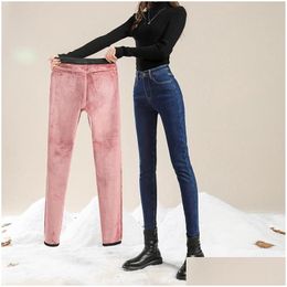 Jeans pour hommes Mens Fleece Slim Femmes pour l'hiver Épaissir Stretch Skinny Crayon Pantalon Veet Casual Femme Denim Streetwear Z230728 Drop D Dh1Jh