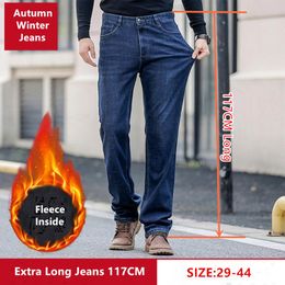 Jeans pour hommes Mens Fleece Tall Man Long Stretched 117cm Taille 42 44 Plus Pantalon Slim Fit Chaud Automne Hiver Pantalon taille haute Denim