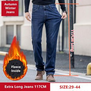 Jeans pour hommes Mens Fleece Tall Man Long Stretched 117cm Taille 42 44 Plus Pantalon Slim Fit Chaud Automne Hiver Pantalon taille haute Denim
