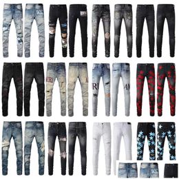 Hommes Jeans Hommes Pour Les Gars Rip Slim Fit Skinny Homme Pantalon Red Star Patchs Portant Biker Denim Stretch Ct Moto À La Mode Long Straigh Dh42O