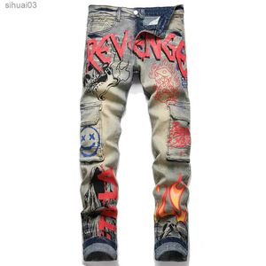 Heren jeans heren graffiti gedrukt elastische denim jeans vlam schedel duivel verf ultradunne taps toelopende broek straat kleding retro zakken lading cartsl2403