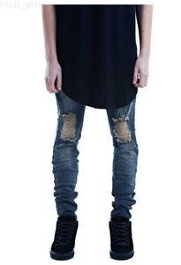 Jeans pour hommes Mens High Street Dark Blue Skinny Hole Denim Pants Distrressed Asian Size L230724