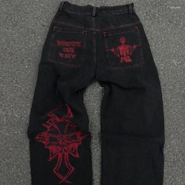 Jeans para hombres para hombre Hip Hop Retro Skull Bordado Lavado Denim Pantalones Recto Casual Suelto Pierna Ancha Pantalón Streetwear