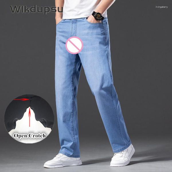 Pantalones vaqueros para hombre Invisible Cremalleras dobles Entrepierna abierta Clásico Primavera Verano Algodón Recto Pantalones de mezclilla elásticos Pantalones Tallas grandes