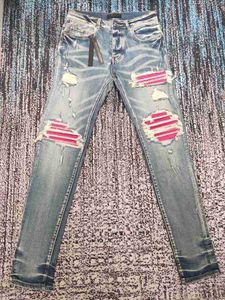 Jeans pour hommes Jeans pour hommes Qualité correcte High Street Fleur de cajou Rose Patchwork Trous Made Old Wash Slim Fit Stretch Hommes 240308