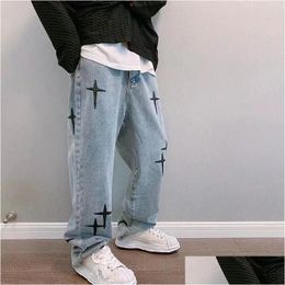 Heren jeans heren jeans kruis borduurwerk retro gewassen mannen baggy jean broek sfeer stijl hiphop stierf vintage denim broek pantalons capris drop d dhxki